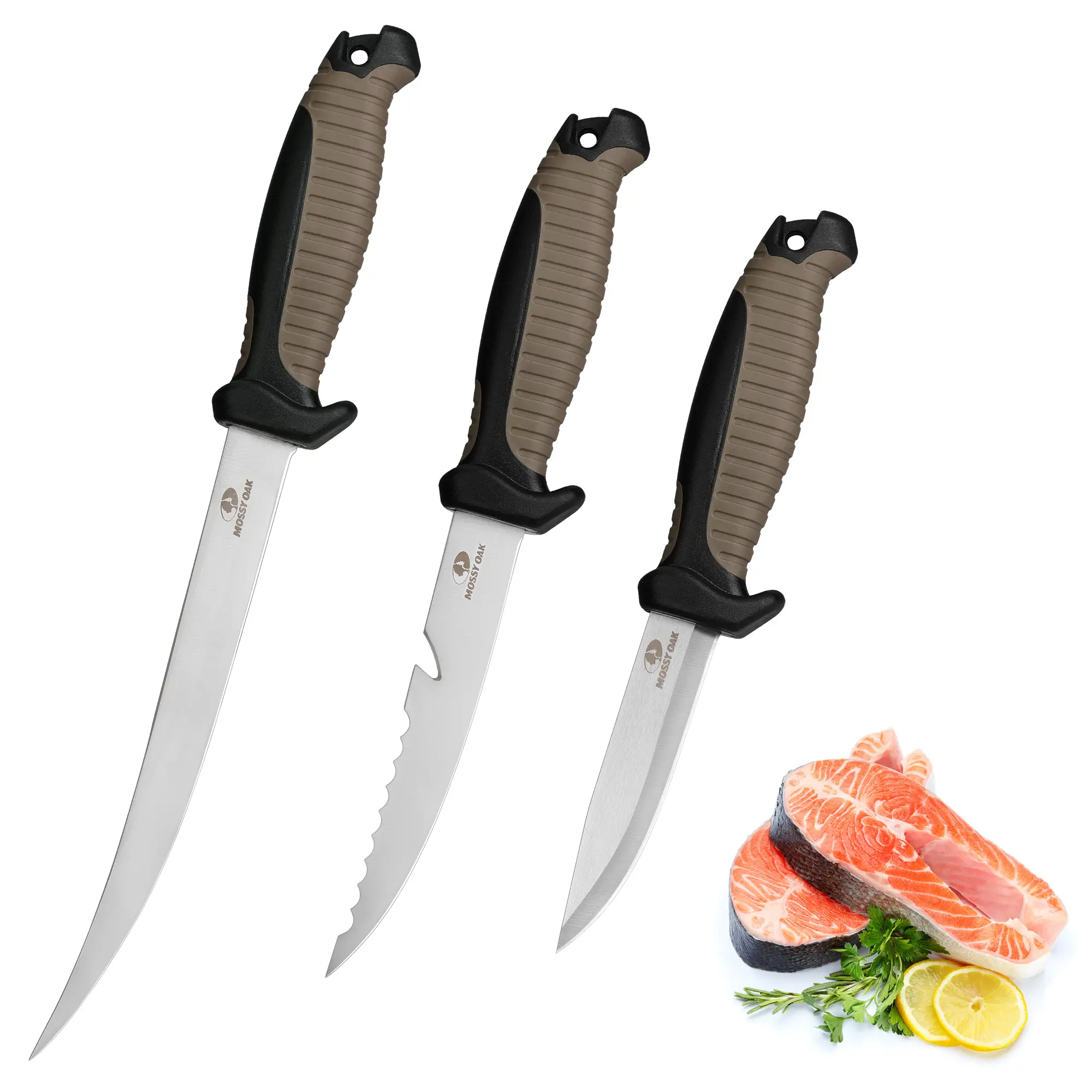 #fathersdaygift Mossy Oak 3-Piece Fishing Fillet Knife Set with Protective Sheath, Stainless Steel Filet Knives with Non-Slip Handle, Bait Knife for Filleting and Boning