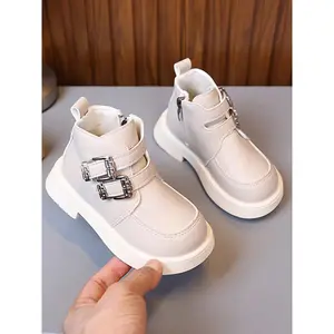 Girls' Fashion Buckle Design Leather Boots, Casual Waterproof Non-Slip Shoes, Daily Wear Trendy Versatile Kids Footwear, Children