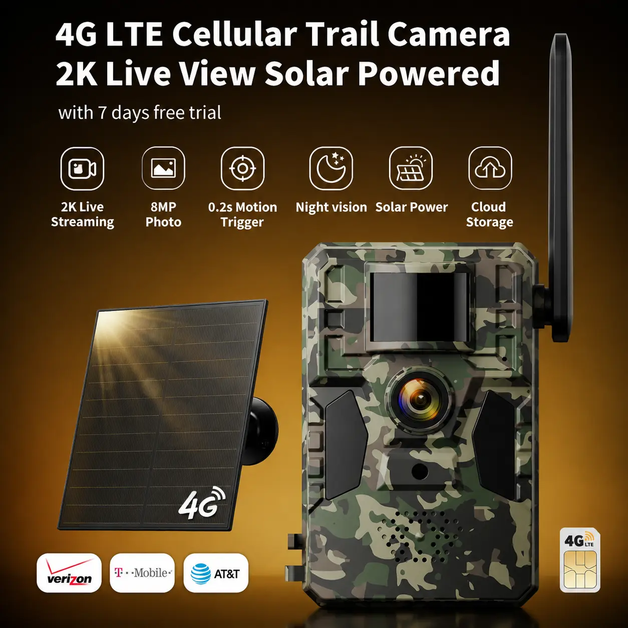 2K Solar 4G Cellular Trail Camera, 0.2s Fast Trigger, 82ft Night Vision,No Wifi, IP66 Waterproof, 2-Way Talk, 365 Days Standby Wildlife Game Camera for Outdoor Hunting Security, Built-In Cellular Card (4g data plan needs activation)
