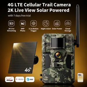 2K Solar 4G Cellular Trail Camera, 0.2s Fast Trigger, 82ft Night Vision,No Wifi, IP66 Waterproof, 2-Way Talk, 365 Days Standby Wildlife Game Camera for Outdoor Hunting Security, Built-In Cellular Card (4g data plan needs activation)