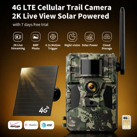 [TechVibes] Solar Powered 4G Cellular Trail Camera for Hunters, 2-Megapixel Outdoor Photo Camera with App, 0.2s Fast Trigger, 82ft Night Vision, No WiFi, IP66 Waterproof, 2-Way Talk, 365 Days Standby, Built-In Cellular Card (4G Data Plan Needs Activation)