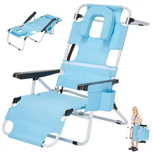 Lilypelle  Beach Lounge Chair with Face Hole, Adjustable Folding 5-Position Reclining Tanning Chair with Pillow & Side Pocket, Portable Heavy Duty Chaise Lounge for Beach, Patio, Pool, Sunbathing