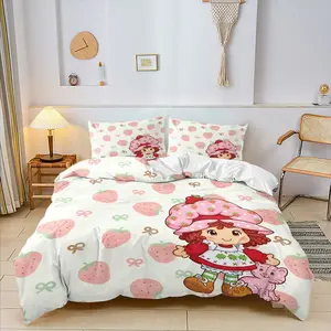 Strawberry Shortcake & Cartoon Girl Theme Patterns Duvet Cover Set and 1-2 Pillowcases No Core, Sweet Cartoon Girl Style Bedroom Decoration, Cute Girly Bed Set for Teen Bedroom, Perfect Gift for Cartoon Lovers, Bedroom Bedding Set