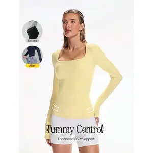 GLOWMODE Smooth DreamLyx Soft Stretchy Sweat-Wicking Body Shaping Built-In Bra Square Neck Slim Fit Long-Sleeve Top Daily Casual