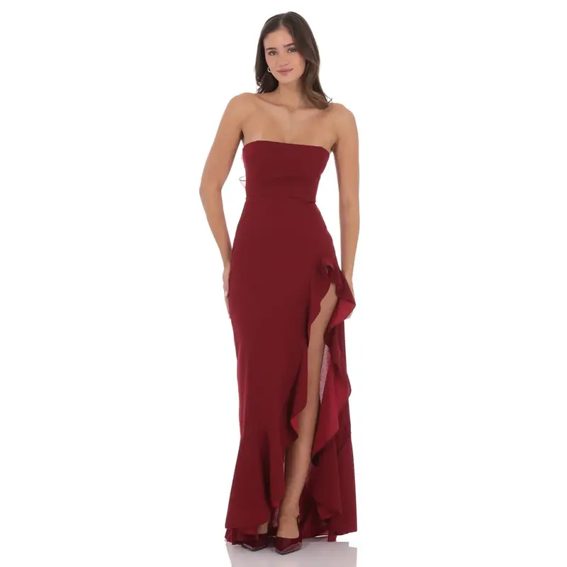 Corset Strapless Back Bow Maxi Dress in Maroon