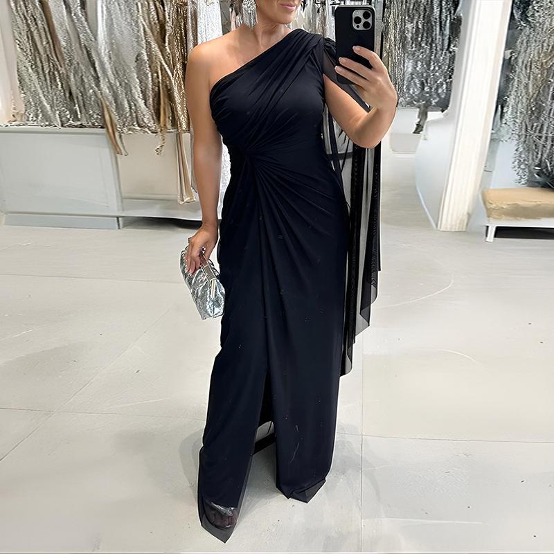 ChicMe Women's One Shoulder Valentine's Day Cloak Sleeve Ruched Twist Waist Evening Dress Waist Gathered Wedding Guest Slit Wedding Party Dress