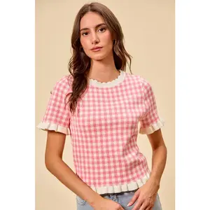 SO ME Gingham Knit Ruffled Short Sleeves Sweater Top