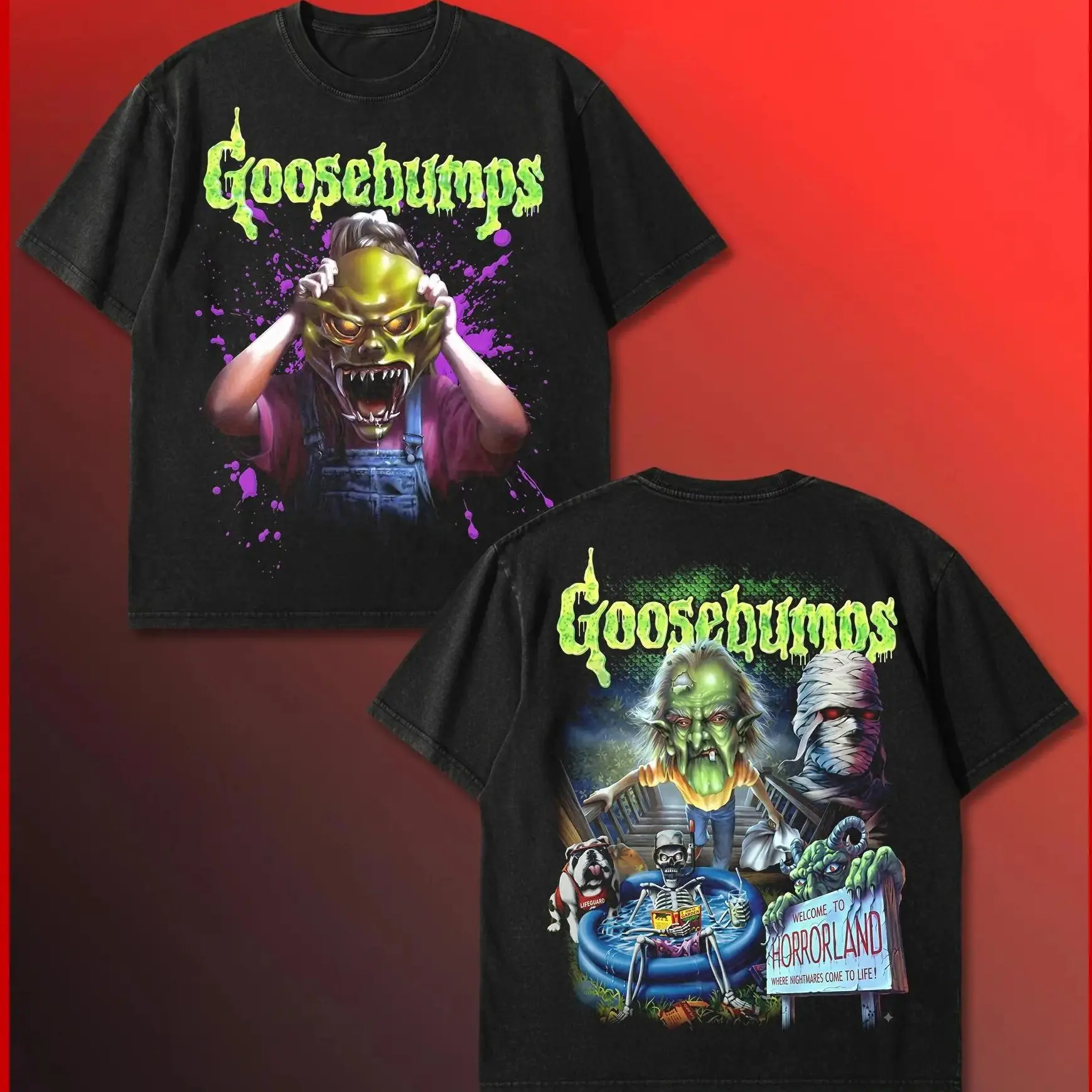 Goosebumps Vintage Graphic Tee, The Haunted Mask Back Print Shirt, RL Stine 90s Spooky Book Cover T-Shirt, Horrorland Monster Fan Gift, Nostalgic Halloween Apparel, Retro Slime Green Aesthetic Streetwear