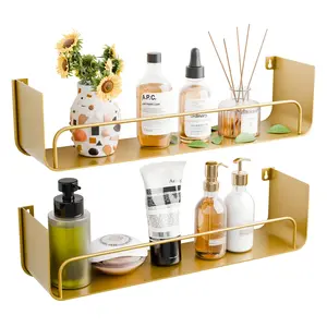 16 Inch Gold Floating Shelves Set of 2, Narrow Iron Bathroom Shelves with Guardrail, U-Shaped Wall Mounted Shelf for Home Decor & Organizer, Display Shelf for Bathroom,Kitchen,Bedroom&Any Room