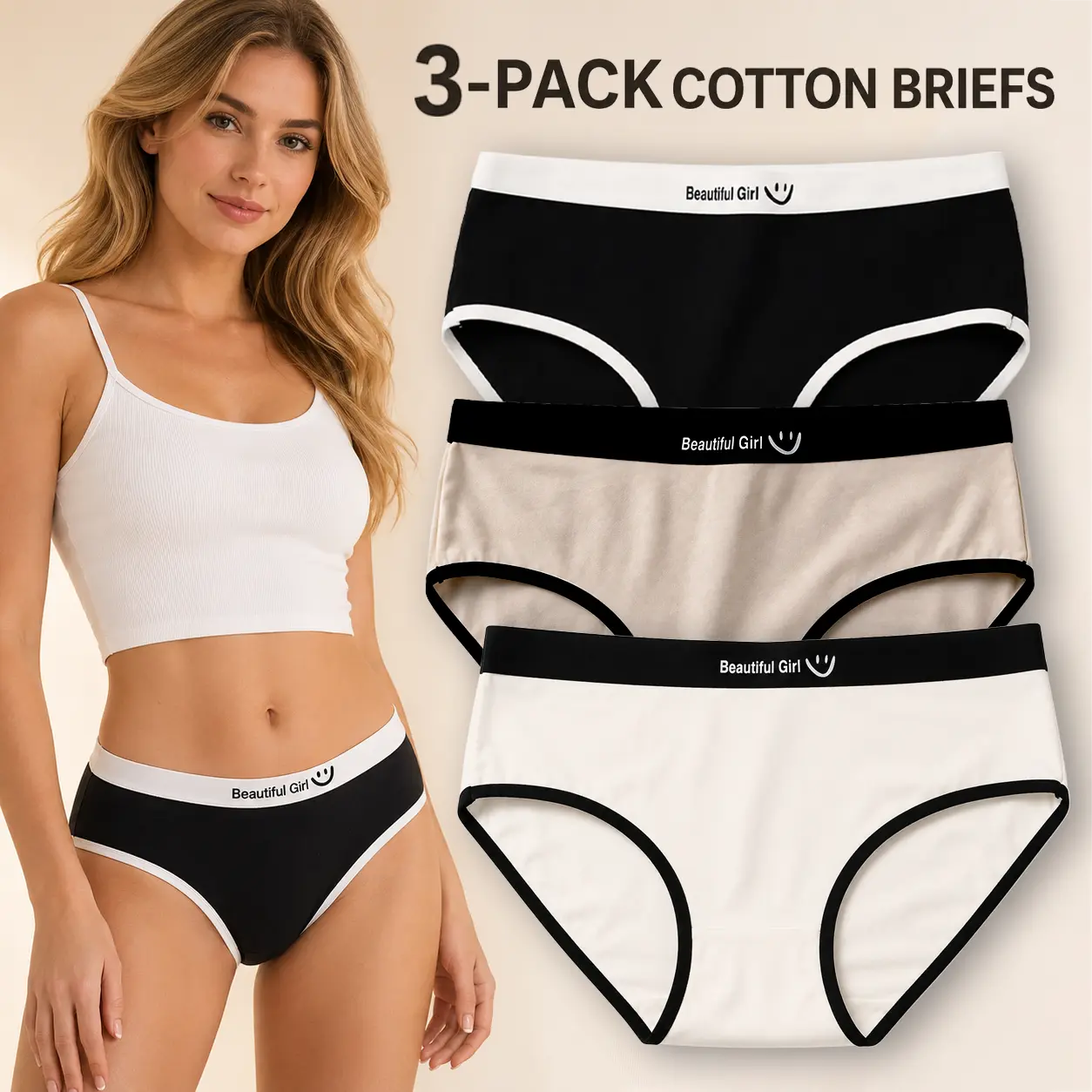 Women’s 3-Pack 95% Cotton Hipster Briefs, Low-Rise Contrast Trim Panties, Soft Breathable Stretch Underwear with Elastic Letter Waistband & 100% Cotton Gusset, Full Back Coverage Bikini Briefs, Black Beige White