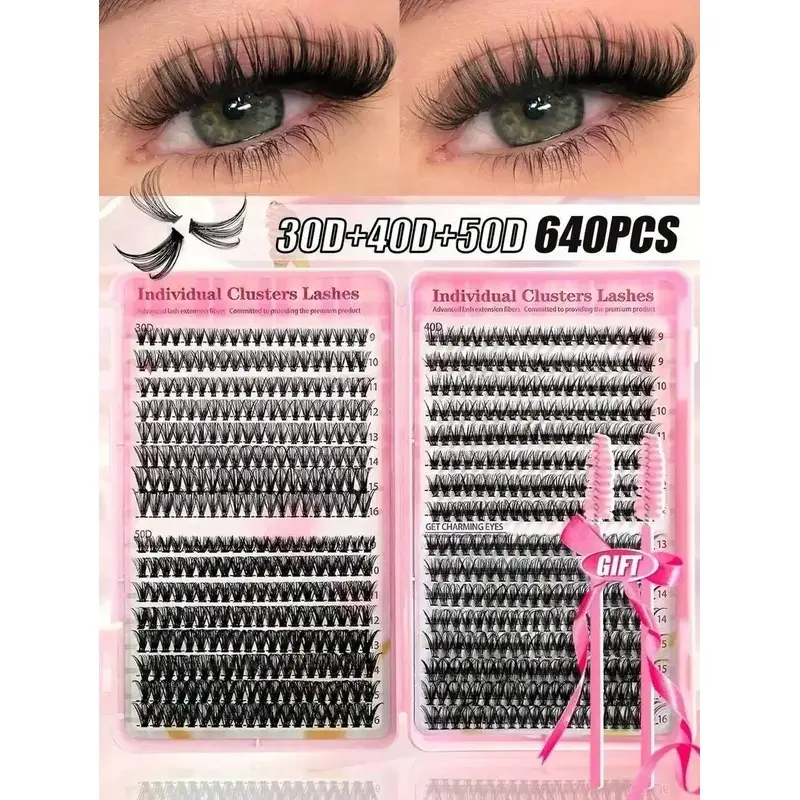 640PCS DIY Lash Clusters 30D 40D 50D D Curl 9-16mm Natural Look Extra Thick Wispy Lashes