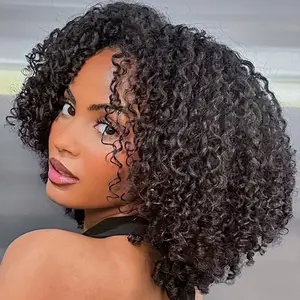 CurlyMe Layered Curly Bob Pre-Styled Layer Kinky Curly Half Wig Draw-strings Flip Over Wig 100% Glueless Install Flexible Fit with Draw-string Natural Black 180% Density
