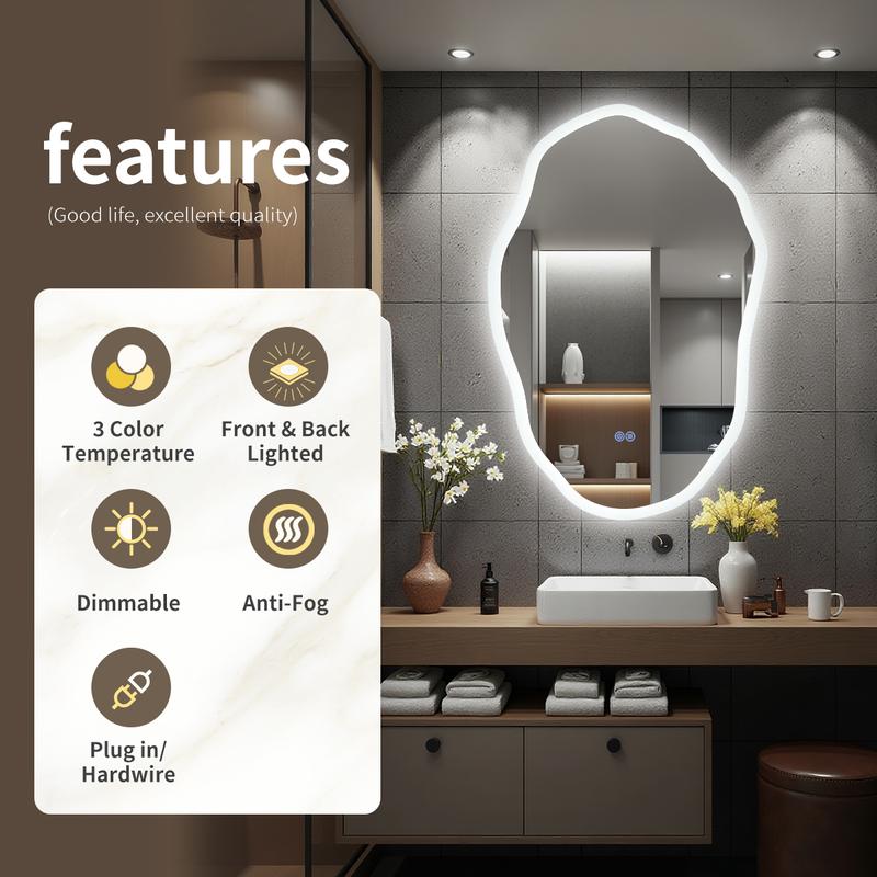 Irregular Shape Frameless Lighted Bathroom Vanity Mirror Backlit Front Lit Dimmable Anti Fog Wall Mounted Modern Design