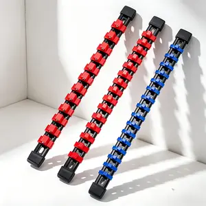 3PC 1/2 Inch Drive Magnetic Socket Organizer Set Aluminum Alloy Rail Heavy Duty Socket Holder Tool Box Drawer 36 Clips Red