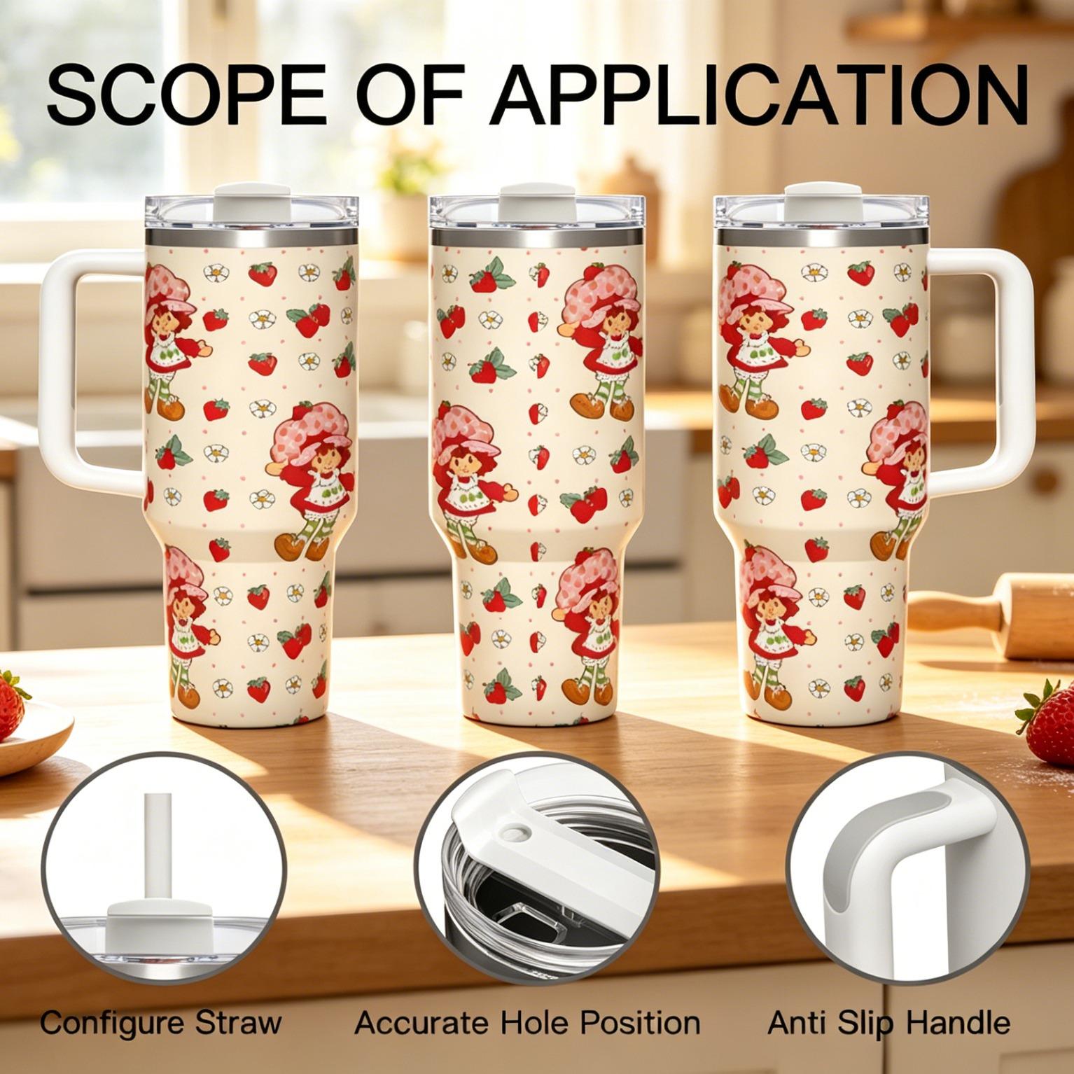 Strawberry Shortcake 1pc 40oz Insulated Tumbler with Handle and Lid Quencher Tumbler Stainless Steel Travel Mug Pastel Large Capacity Vacuum Cup Coffee TeaLeakproof Reusable Eco Friendly TikTok Viral Pink Cup