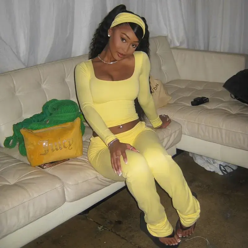 Fashion Soild Women's Set Long Sleeve Yellow U Neck Shirt and Flared Pants 2025 Elegant Tracksuits Two Piece Set Outfits Clothes Womenswear Basic Minimalist