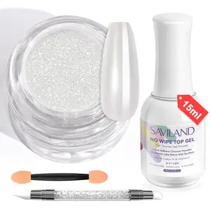 Saviland Chrome Nail Powder Kit: Metallic Mirror Effect White Pearl Chrome Powder for Gel Nails Aurora Mermaid Pigment Glazed Chrome Nail Powder with No-wipe Top Gel & Nail Art Sculpture Pen Home DIY