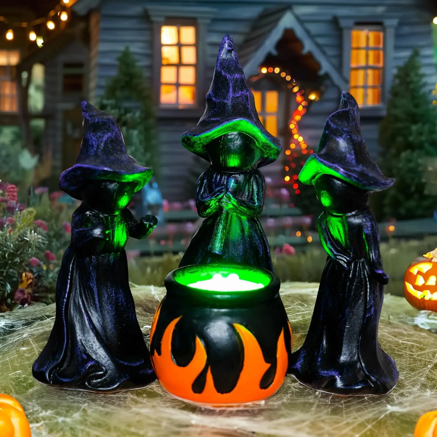 Halloween Fall Gift 4 PCS Halloween Miniature Witches Cauldron Figurine Table Decoration, Resin Scary Witches Lighted up Cauldron, Halloween Festival Supplies Indoor Outdoor Shelf Fireplace Home Decor