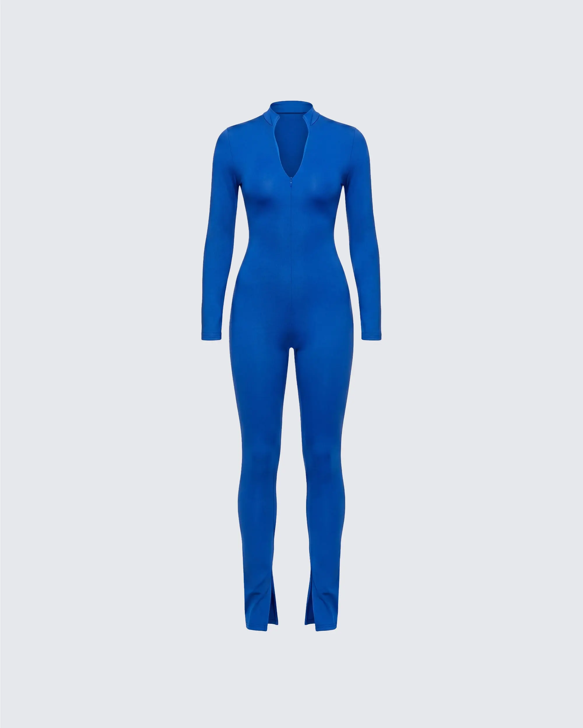 Women's Spandex Long-Sleeve Turtleneck Blue Zip-Up Overalls Jumpsuit