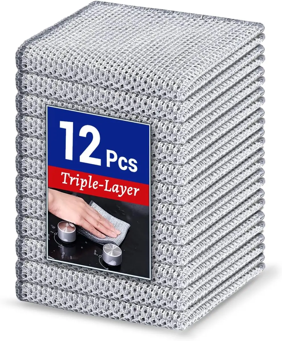 12 PCS Durable Handheld 3-Layer Non-Scratch Steel Wire Cleaning Cloths - Reusable, Quick-Dry, Odor-Free, Comfortable Cotton-Polyester Washable Multi-Purpose Microfiber Scrub Cloths for Dishes, Kitchen Sink (7.87x7.87in), Microfiber Cleaning Cloths