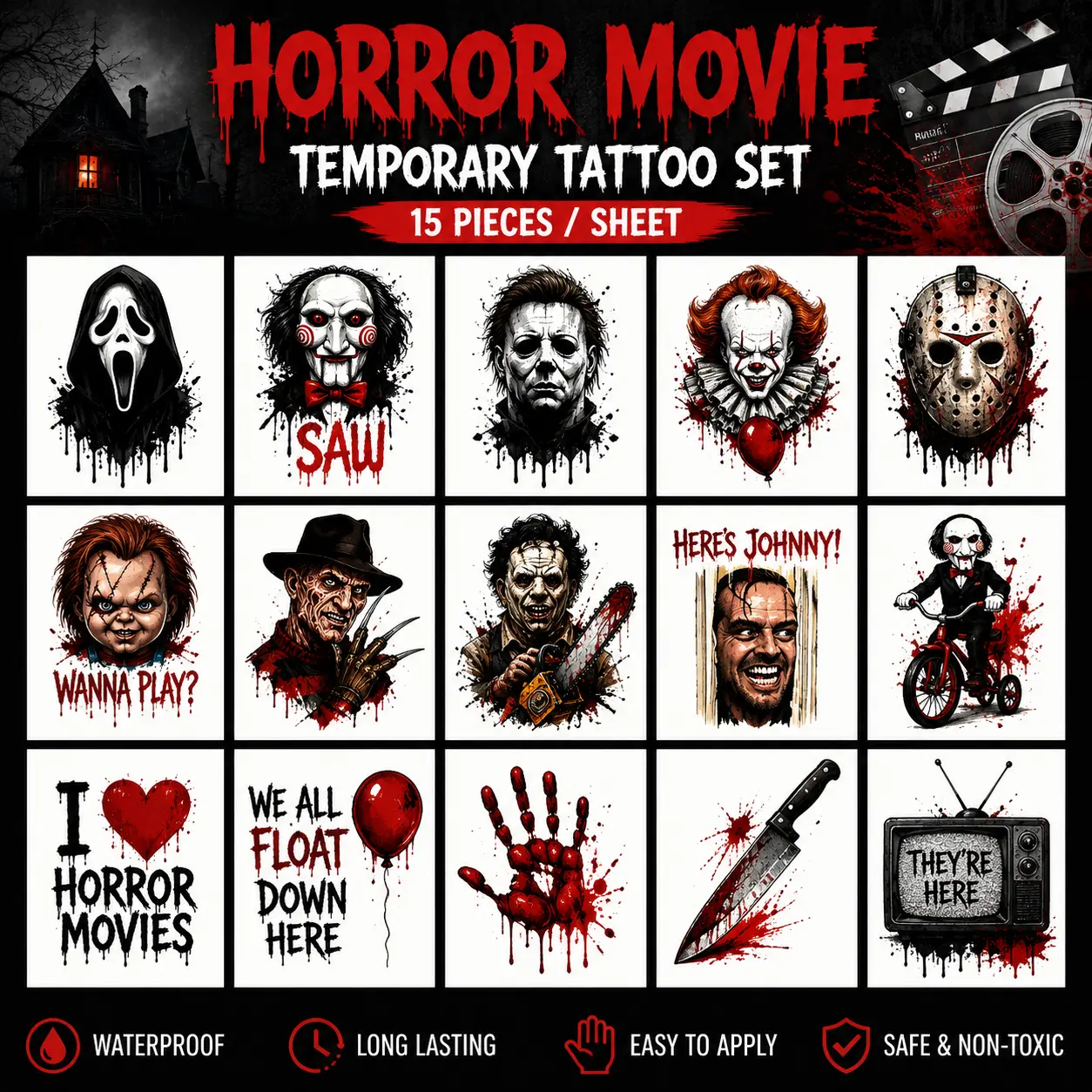 Horror Movie Temporary Tattoo Set, 15 Pieces Per Sheet, Scary Halloween Temporary Tattoos, Horror Character Inspired Body Stickers, Spooky Party Costume Accessories for Adults & Teens