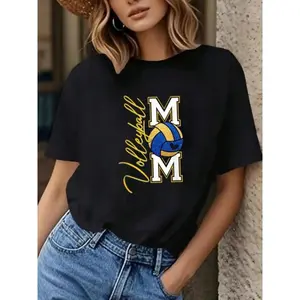 Women's Volleyball Graphic Letter Print Oversized Crewneck Short-Sleeve T-Shirt, Soft Comfortable Fabric, Casual Streetwear for Game Day, Outdoor Use