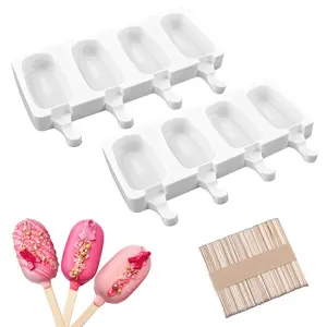 2 Pack Silicone Popsicle Molds, 4 Cavities Oval Mini Ice Pop Molds with 50 Wooden Sticks for Homemade Cake Pop, Cakesicles, Ice Cream (White)