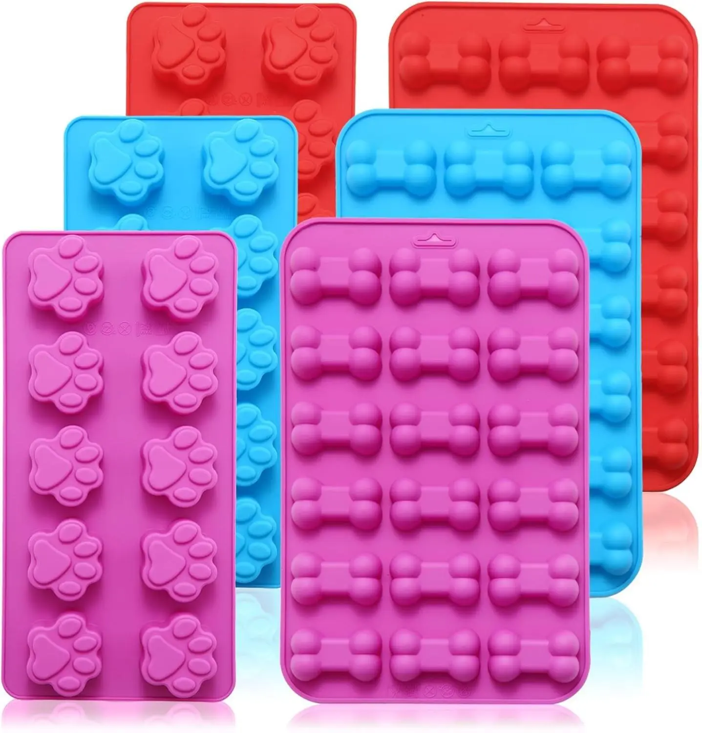 6PCS Silicone Puppy Dog Paw & Bone Molds - Non-Stick, Quick Demolding Bakeware Kitchen Accessories for Chocolate, Dog Treats - Easy Clean, Dishwasher Safe, Pink/Red/Blue Colors