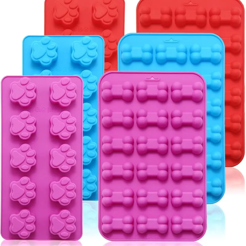 6-Pack Food Grade Silicone Paw & Bone Animal Baking Molds - 18+10 Cavity Sets, Oven Safe Chocolate & Sweet Moulds, Flexible, Non-Stick, Quick Demolding, Non-Toxic, Heat Resistant, Easy Clean, Dishwasher Safe Kitchen Bakeware for Crafting (Pink/Red/Blue)