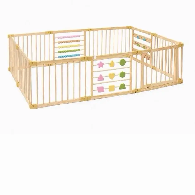 Natural Wood Baby Playpen – 8 or 10 Panel Foldable Play Yard with Door Panel and Built-in Toys, CPC Certified & SGS Tested