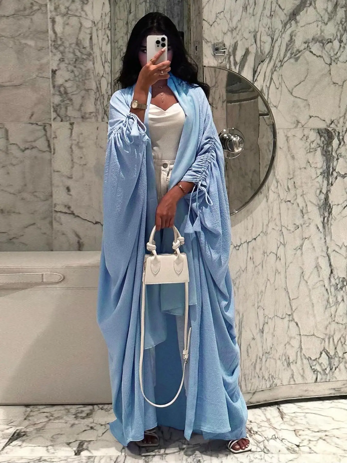 Women's Solid Asymmetrical Batwing Sleeve Abaya, Fashionable Long Sleeve Waterfall Dress for Women, Women's Islamic Clothing for All Seasons, National