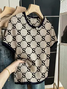Women's Geometric Mesh Knit Fitted Sweater, Round Neck Short Sleeve Knitwear Top, Casual All-Season Wear, Comfortable Warm Clothing for Fall & Winter