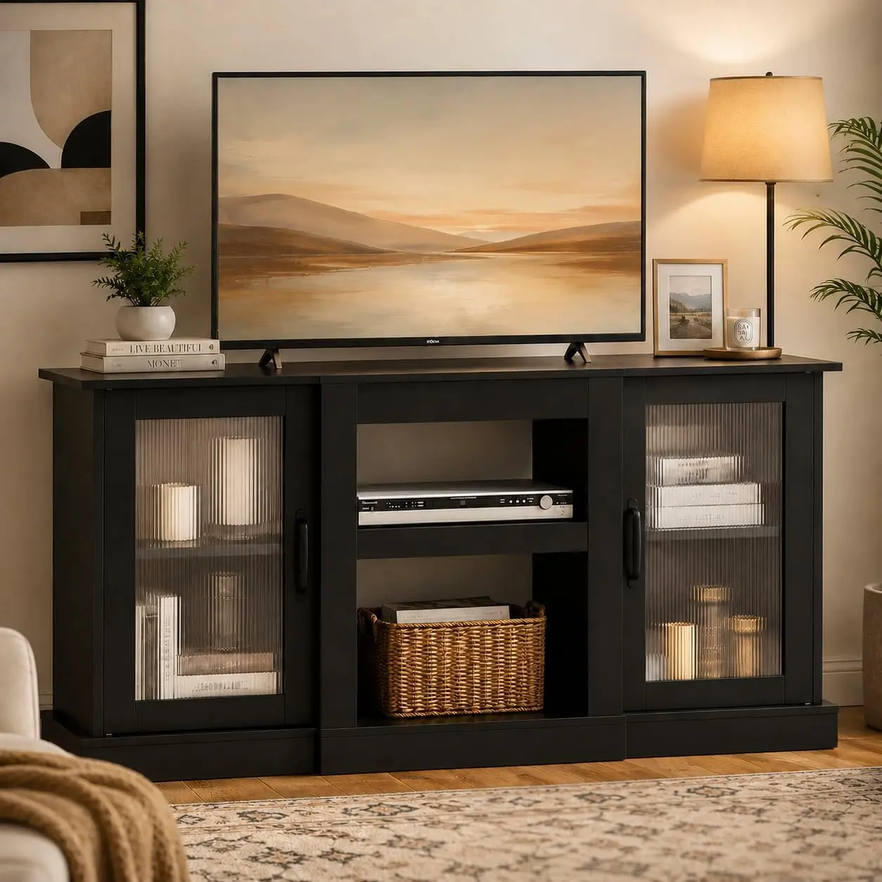 WLIVE 58" Farmhouse TV Stand for 65/60/55 Inch TVs, Tall Entertainment Center with Storage Cabinets & Adjustable Shelves, Modern Media Console Table with Acrylic Doors for Living Room Bedroom