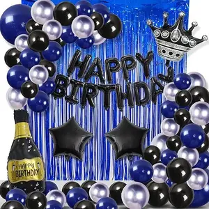 Navy Blue Black and Silver Happy Birthday Party Decorations, Happy Birthday Banner Metal Balloons, Fringe Curtains, Beer crown balloon for 8th 30th 40th 50th 60th 70th for Men