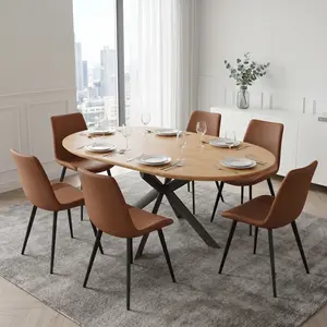 HIPIHOM Nordic Extendable Oval Wood Dining Table Set. Authentic grain, safe rounded edges & sturdy X-shaped base for max legroom. Paired with ergonomic, easy-clean retro warm brown PU leather chairs. The perfect upgrade for home renovations.