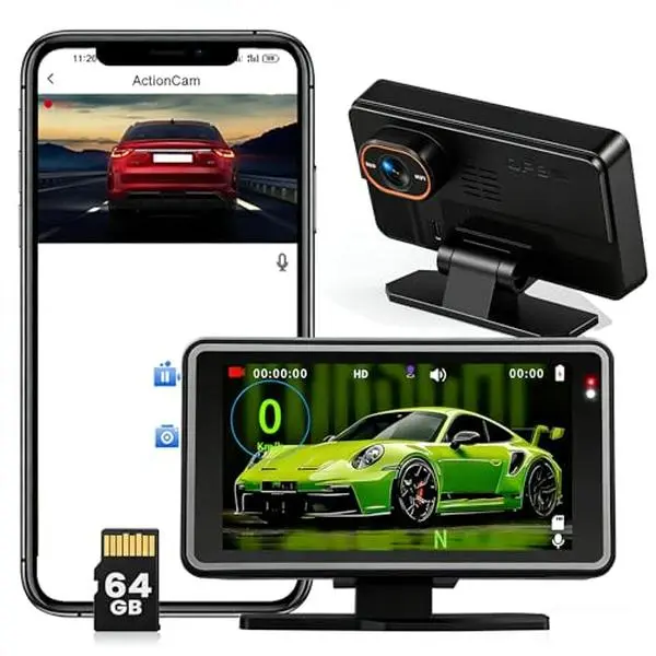 5-Inch Full HD 1080P WiFi HUD Dashcam for Automotive & Motorcycle, 150° Wide View, Micro SD (64G Compatible), App Sync & Playback, Loop Recording, Motion Detection, Overspeed Alarm, Father's Day Gift, Auto Recording Video Surveillance, Car Compatible Vide