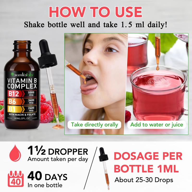 [Three-Bottle Pack]Vitamin B12 & B6 Drops, Sublingual Vitamin B12 Complex, 5000 mcg Methylcobalamin, Daily Nutritional Support, Raspberry Flavor, For Women & Men, Made in USA, 6 fl oz