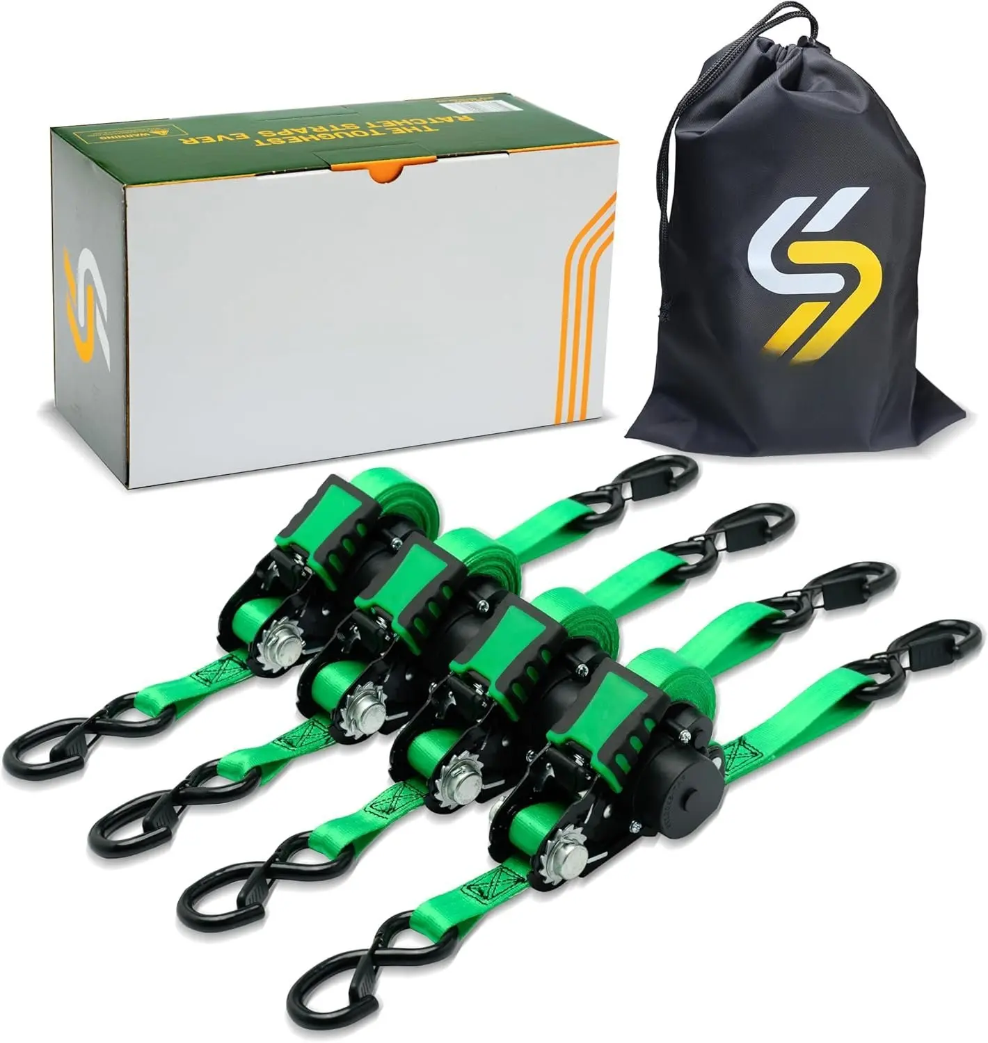 Retractable Ratchet Straps - 1 in x 12 ft Heavy Duty Tie Downs, 1800lbs Breaking Strength Each, S Hooks with Safety Clip, AutoRetract, for Moving, , Boat, Kayak, and Cargo (4 PCS)