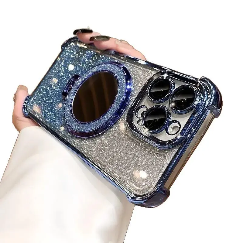 Magnetic Stand Glitter Case for iPhone 17 16 15 14 12 Pro Max, Luxury Bling Sparkly with Camera Protector Kickstand Women Girls Four-Makeup Mirror- Corner Anti Drop Airbag Shockproof Case, Accessories, Smartphone