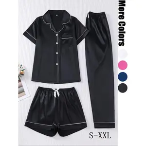 Women's Solid Satin Pyjama Three-piece Set, Elegant Comfy Short Sleeve Lapel Neck Button Up Top & Shorts & Pants PJ Set, Ladies Sleepwear for All Seasons