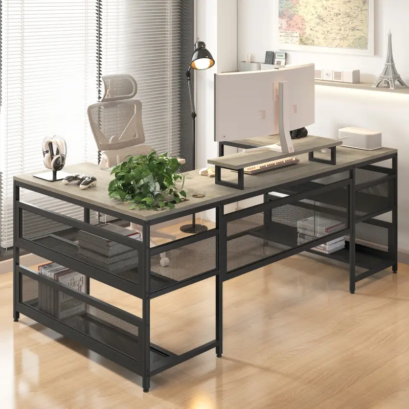 U Shaped Desk Computer Desk with Power Outlets & LED Strip & Monitor Stand, L Shaped Desk with Storage Shelf, Home Office Gaming Desk, Vintage