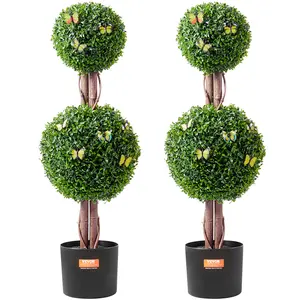 VEVOR Artificial Boxwood Topiary Tree,  36 inch Tall (2 Pieces), Double Ball Faux Topiary Trees, Faux Plant w/ Extra Leaves & Pot & Small Decoration, UV Rated Set for Home Decor Indoor/Outdoor