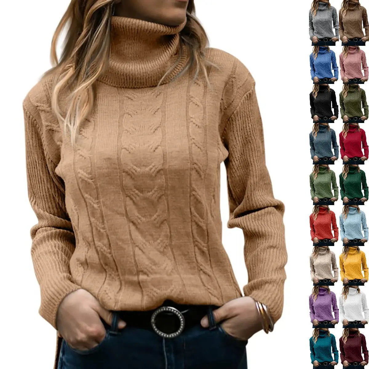 Goranbon Womens Turtleneck Sweaters Long Sleeve Pullover Cable Knit Sweaters Soft Jumper