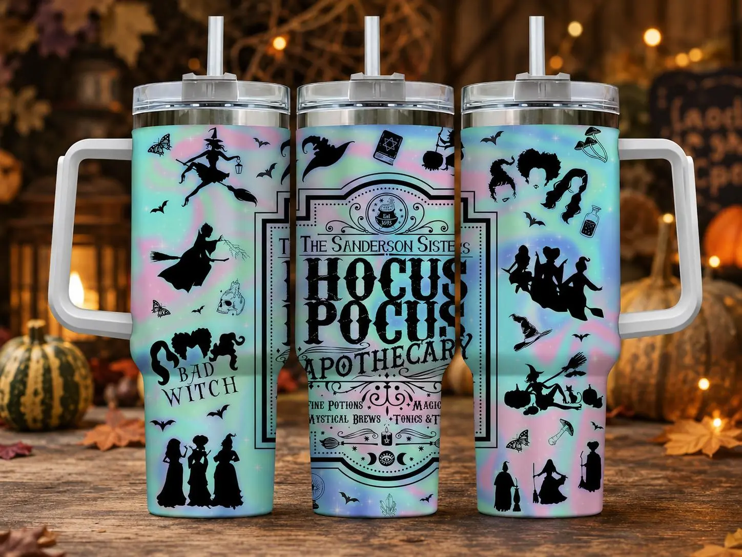 Hocus Pocus Apothecary Tumbler, Sanderson Sisters 20-40oz Stainless Steel Cup With Handle and Straw, Double-Wall Insulated Halloween Travel Mug, Gift for Your Health
