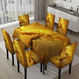 5/7-piece 2D Flat Printing Golden Peacock Perched on Branch Printing Pattern Tablecloth and Chair Cover Set, for dining table and chair decoration, perfect for home, holiday gatherings, restaurants, and parties.