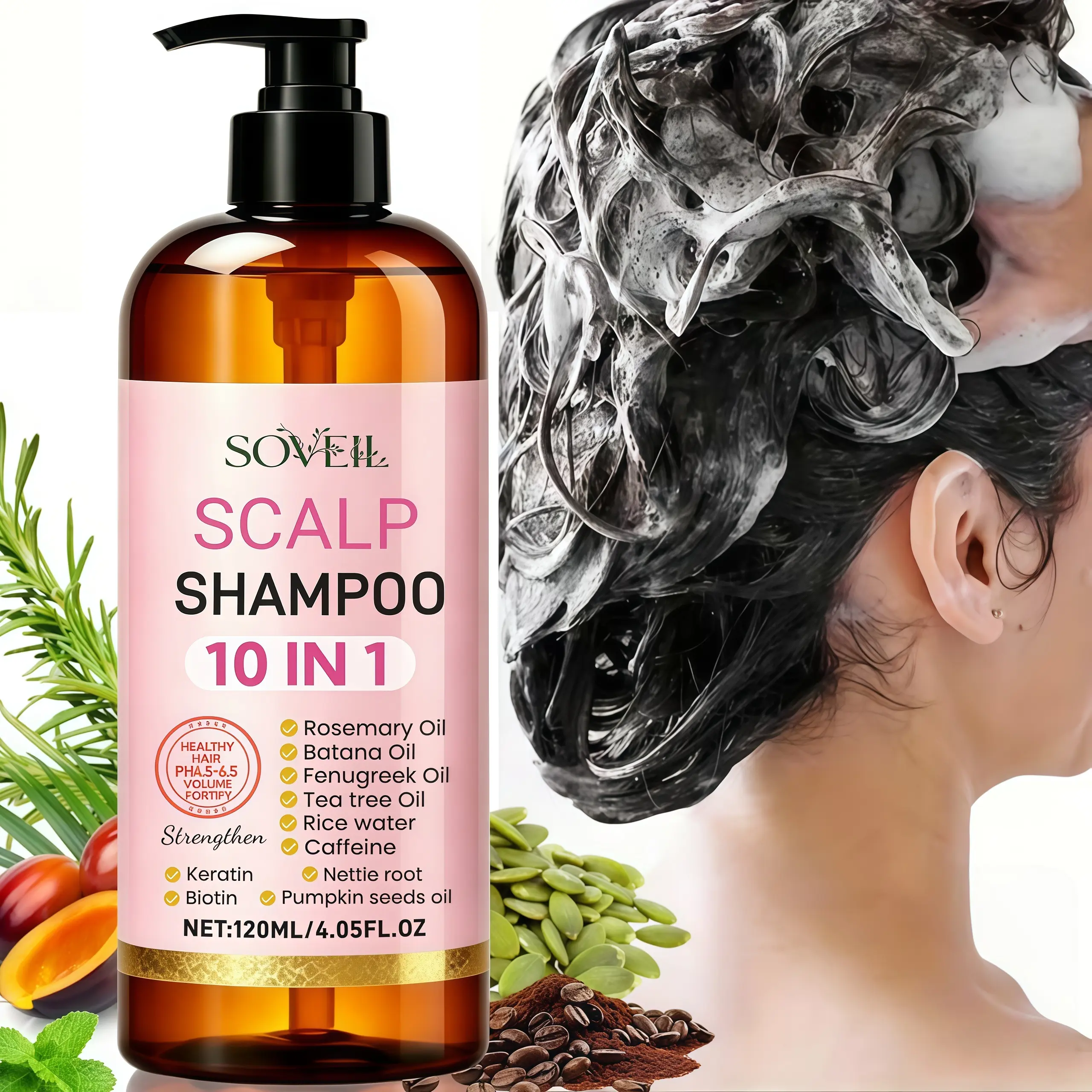 120ml SCALP Strengthening Shampoo. EFFECTIVE  NOURISHES &SOOTHING, Healthy Hair, Rosemary Oil Batana Oil Fenugreek Oil Tea Tree Oil, Cleanses LooseScalp Debris, Repair Split Ends, Reduces The Lookor The Signs Of Aging