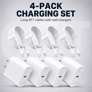 6FT Super Fast Charging 4-Pack Type-C Wall Charger Block with 4-Pack USB-C to Lightning Cable for iPhone 14/13/12,AirPods Pro, Mobile Smartphone