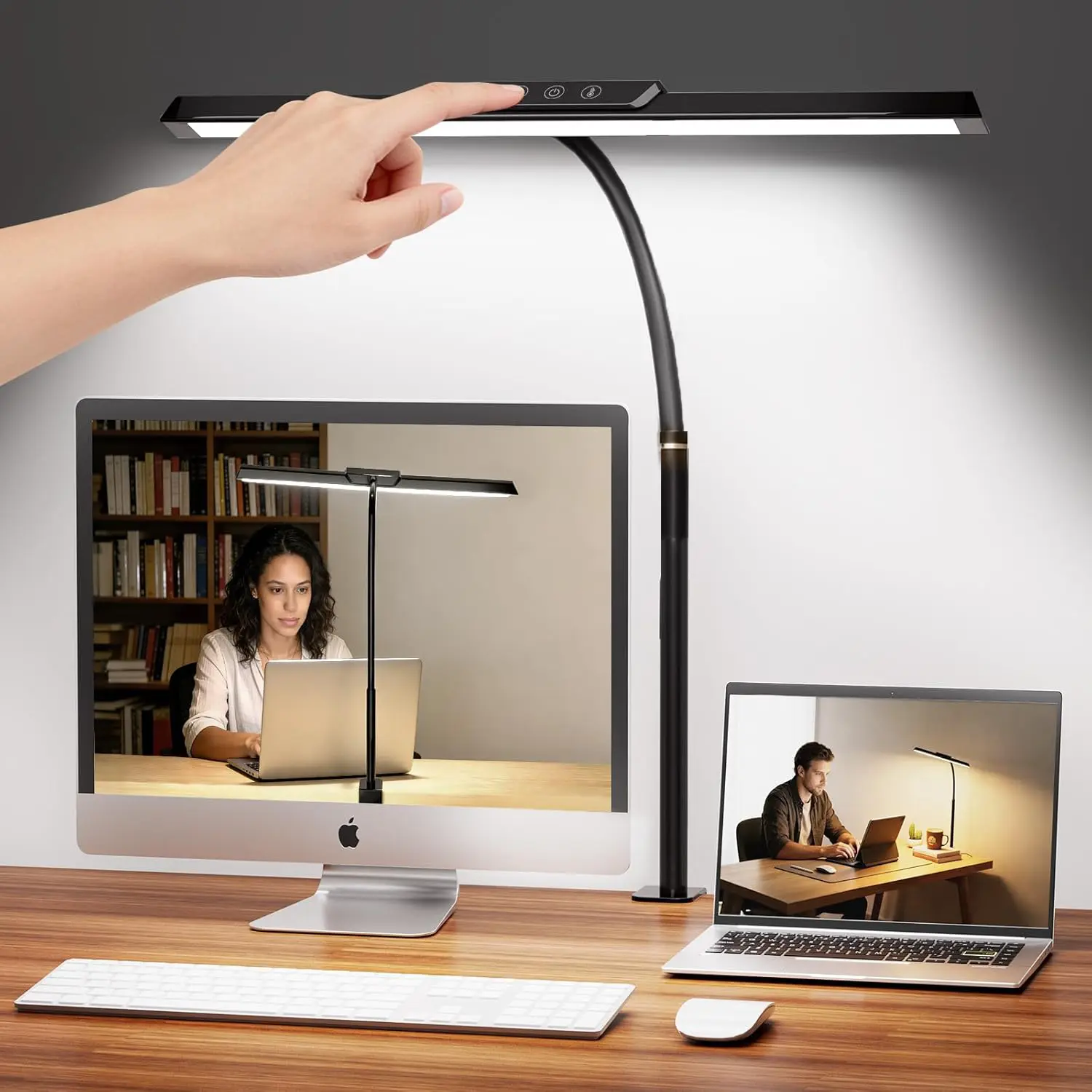 27in Flexible Gooseneck LED Desk Lamp for Office Home,  Adjustable 5 Lighting Modes Stepless Dimming Architect Desk Light with Memory Fuction, Eye-Caring Desk Lamp with Clamp for Workbench,Sewing,Dual Monitors, Reading & Gaming Setup