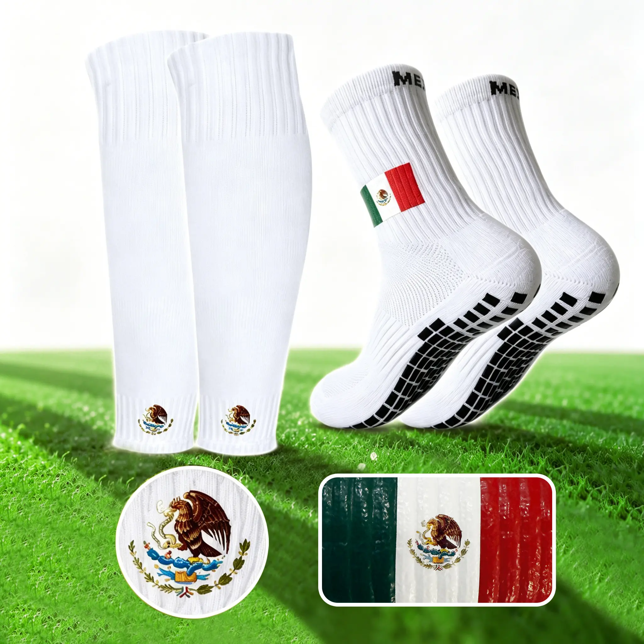 Grip Socks & Compression Sleeve Set with Mexican Heritage Style for Adults, Breathable Non-Slip Football Fashion Apparel