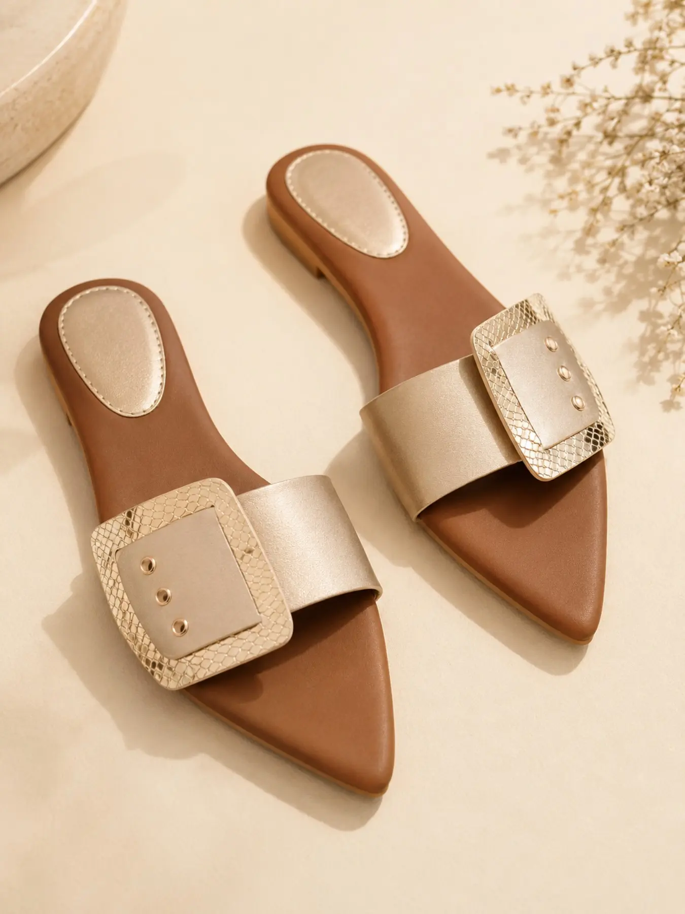 Women's Pointed Toe Sandals, Champagne Gold Snake Pattern, Square Toe, PU Leather, Rubber, Casual Summer Footwear, Slip-On Comfort, Casual Fashion Sandals